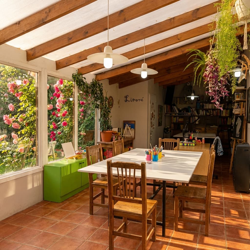 Aula del taller rodeada de rosales con luz natural